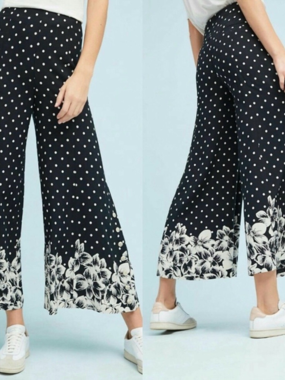 Anthropologie Ett Twa Chesapeake Polka Dot Floral Wide-Leg Cropped Pants - Black